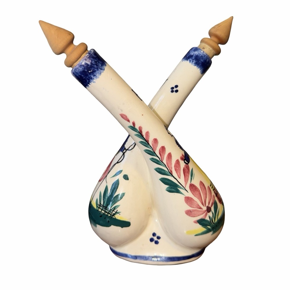 Quimper Faience Pottery Oil and Vinegar Decanter with Stopper Hand Painted